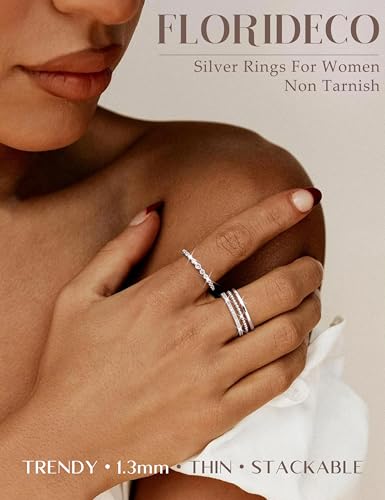 Florideco 14K Gold Plated Stackable Rings for Women Non Tarnish Dainty Cubic Zirconia Thumb Ring Set Silver Plated Stacking Set Statement Promise Band Ring Sets - color: Silver-plated