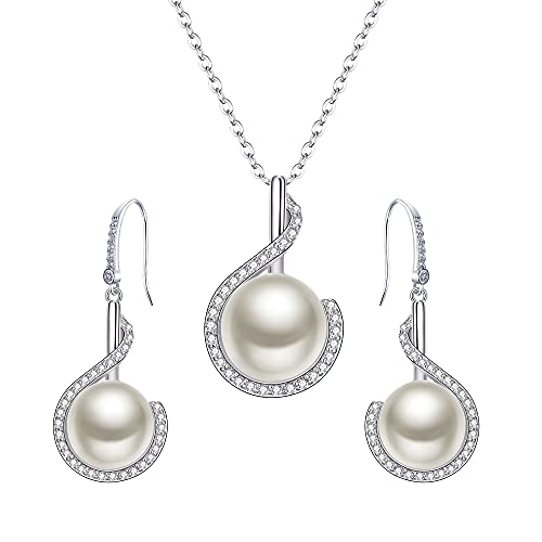 EleQueen 925 Sterling Silver CZ Freshwater Cultured Pearls Bridal Pendant Necklace Earrings Wedding Jewelry Sets, Valentine's Day/Mother's Day/Christmas Gift - style: Bridal Pearl Necklace Earrings