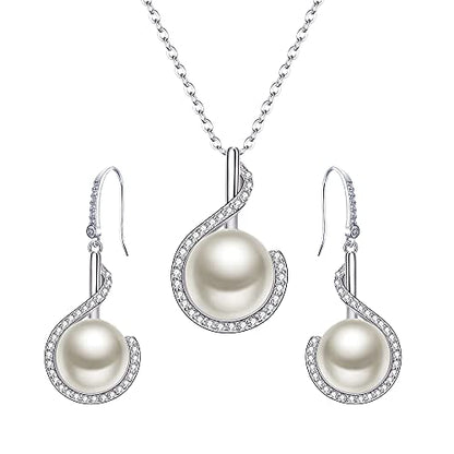EleQueen 925 Sterling Silver CZ Freshwater Cultured Pearls Bridal Pendant Necklace Earrings Wedding Jewelry Sets, Valentine's Day/Mother's Day/Christmas Gift - style: Bridal Pearl Necklace Earrings