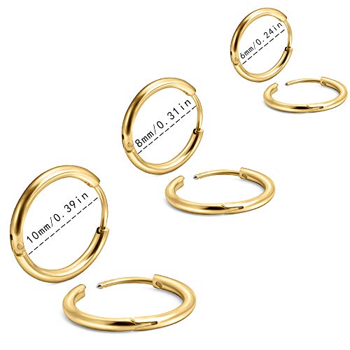 EACHLP Tiny Hoop Earrings 18K Real Gold Plating Surgical Steel Unisex - style: 6/8/10 Gold