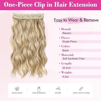 REECHO Clip in Hair Extensions, 20” One Piece Hair Extension Clip in Wefts Long Thick Beach Wavy Natural Soft Synthetic Hairpieces for Women, Dark Ash Blonde - color: Dark Ash Blonde - Wavy, size: 20 Inch (Pack of 1)