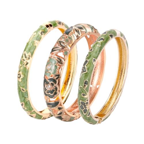 UJOY Womens Multi-Colors Cloisonne Bracelet Plated Flower Hollowed Enameled Hinged Cuff Bangles Jewelry Gift 88A10 - color: Green-3 Pcs-A10