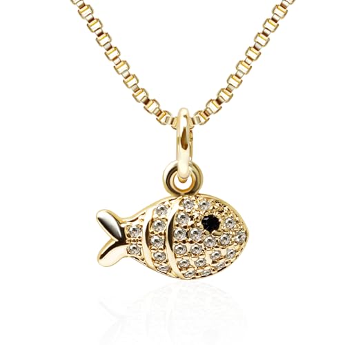 Dainty Gold Necklace for Women, 14K Gold Plated Cubic Zirconia Pendant Necklace, Dainty Fish Sea Turtle Pendant Necklace Ocean Beach Cute Trendy Gold Jewelry Necklaces for Women Gift - style: Fish B
