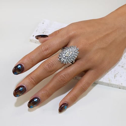 Boho Retro Rhinestone Ring Ethnic Big Flower Crystal Finger Ring Trendy Statement Tribal Indian Dance Costume Ring Jewelry for Women - color: Silver