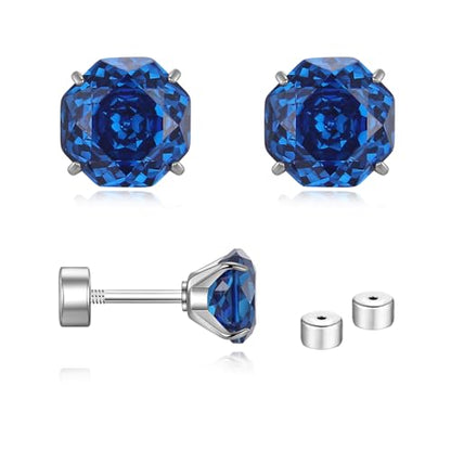 Zircon Flat Back Screw Hypoallergenic Surgical Steel Stud Earrings - color: Gem Blue, size: 2ct - 8mm