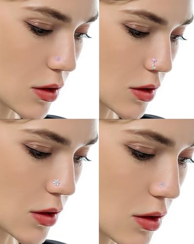 Tornito 16Pcs Nose Rings L Shaped Nose Stud Stainless Steel Butterfly Flower Leaf Heart Moon Dangle Nose Stud Ring Body Piercing Jewelry for Women Men 20G Pink Blue Clear CZ - color: A: Pink
