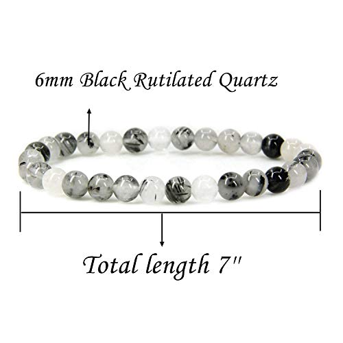 Angelstones Gemstones 6mm Round Beads Healing Crystal Bracelet for women | Natural Gemstone, Handmade Gifts for Women, Healing Crystal Round Beaded Stretch Bracelets, Unisex Jewelry for Women and Men - color: Black Rutilated Quartz