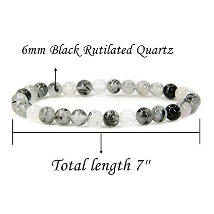 Angelstones Gemstones 6mm Round Beads Healing Crystal Bracelet for women | Natural Gemstone, Handmade Gifts for Women, Healing Crystal Round Beaded Stretch Bracelets, Unisex Jewelry for Women and Men - color: Black Rutilated Quartz