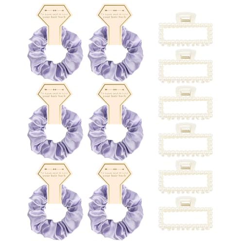 Bridesmaid Proposal Gifts, 12 PCS Bridesmaids Silk Hair Scrunchies & Pearl Hair Clips Set for Women Girls Bachelorette Party Favors Bridal Shower Favors Bridesmaids Gifts for Wedding Day (Purple) - color: Purple