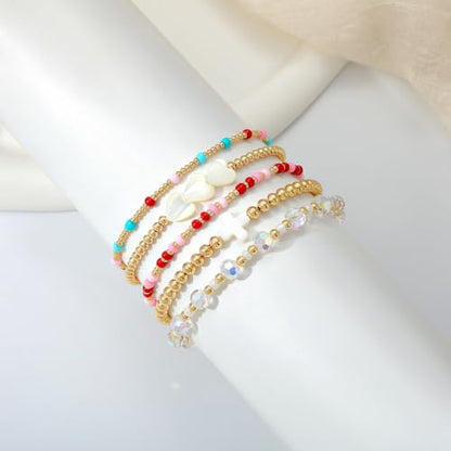 Dainty Gold Plated Pearl Crystal Beaded Bracelets Set for Women 14K Gold Plated Bead Pearl Beads Bracelet Stackable Paperclip Link Chain Bracelets Gold Plated Bracelets for Women Trendy Jewelry - color: Style4-gold bracelets set4