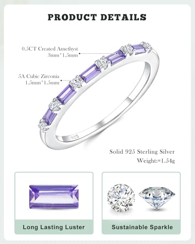 925 Sterling Silver 1.5mm Thin Baguette Stackable Rings for Women | Created Ruby/Sapphire/Emerald/Cubic Zirconia,Dainty Wedding Band Birthday Anniversary Jewelry(with Gift Box) - color: 01-Created Amethyst & CZ
