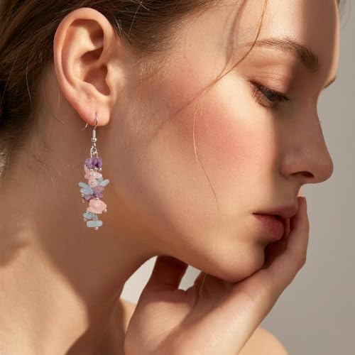 Nupuyai Natural Tumbled Stones Earrings for Women, Reiki Healing Crystal Long Dangle Hook Eardrop - color: #9-Purple & Blue & Pink