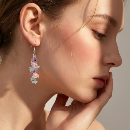 Nupuyai Natural Tumbled Stones Earrings for Women, Reiki Healing Crystal Long Dangle Hook Eardrop - color: #9-Purple & Blue & Pink