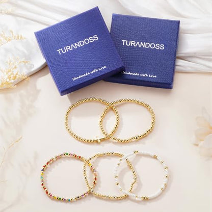 Turandoss 5PCS 14K Gold Plated Beaded Stretch Bracelets Set for Women | Stacked Bow Cross Wave Knot Pearl Beads Bracelet Set, Waterproof 7 Inch Stretch Elastic, Summer Jewelry Gifts for Women Girls - color: 5PCS Gold Cross Beaded Bracelets