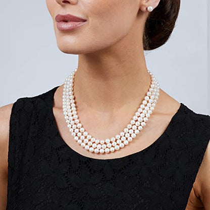 VN Jewelry Womens Elegant And Classic AA Grade 7mm White Freshwater Pearl Necklace Three-Strand Style