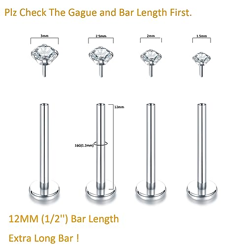 Oveta Threadless Push in Lip Rings 16G/18G/20G Labret Jewelry CZ Lip Studs Stainless Steel Cartilage Earrings for Women Monroe Medusa Piercing Jewelry 6/7/8/10/12mm Bar Length - color: Silver, size: 16G*12mm bar*1.5/2/2.5/3mm cz