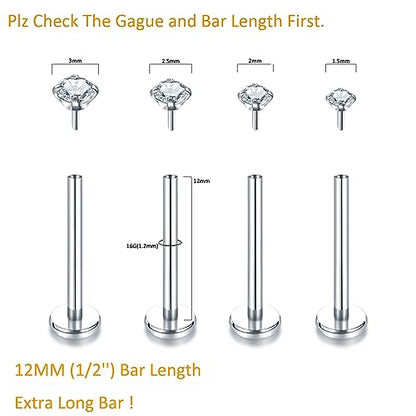 Oveta Threadless Push in Lip Rings 16G/18G/20G Labret Jewelry CZ Lip Studs Stainless Steel Cartilage Earrings for Women Monroe Medusa Piercing Jewelry 6/7/8/10/12mm Bar Length - color: Silver, size: 16G*12mm bar*1.5/2/2.5/3mm cz