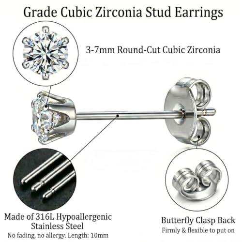 5 Pairs 316L Hypoallergenic Steel Cubic Zirconia Stud Earrings for Women | 3-7mm Stud Earrings Set Lead and Nickel Free Comfortable and Safe for Sensitive Ears Jewelry for Women