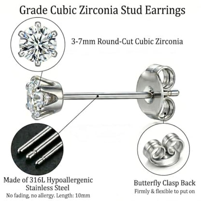 5 Pairs 316L Hypoallergenic Steel Cubic Zirconia Stud Earrings for Women | 3-7mm Stud Earrings Set Lead and Nickel Free Comfortable and Safe for Sensitive Ears Jewelry for Women