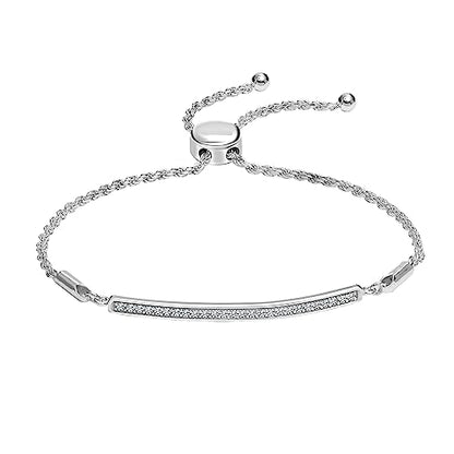 LeCalla 925 Sterling Silver Sliding Bolo Bracelet | Lightweigh Adjustable Chain Bracelets for Women | Valentine's Day Gift Friendship Sister Mom - color: CZ ID Bar Linear