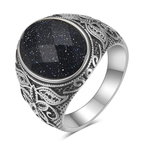 Retro Large Tiger Eye Stone Turquoise Wedding Ring For Men Classical Gothic Stainless Steel Rings - color: Silver-Black