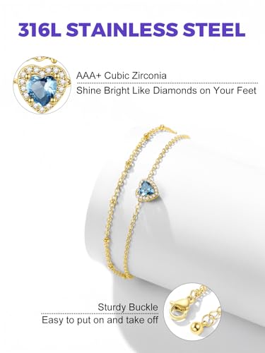 Richsteel Double Layer Heart/Butterfly Birthstone Anklet for Women | Non Tarnish Waterproof, Silver/Gold/Black Stainless Steel 8.5-10.5 Inch Adjustable Chain Anklets Summer Beach Foot Jewelry - color: Gold Heart-03 Mar.(Aquamarine)
