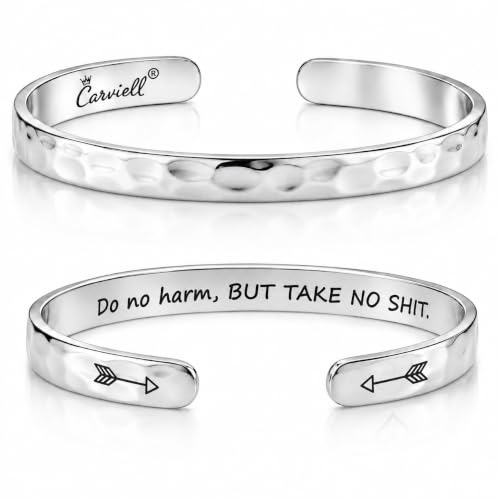 Bracelet - Gifts for Women – Inspirational, Friendships, Love, Mom, Daughters, Sisters, Christian, Graduations, Memorials & Wedding Gifts – 100+ Phrases – Stainless Steel, Gift Ready - color: BADASS Gift - Do no harm, BUT TAKE NO SH*T.