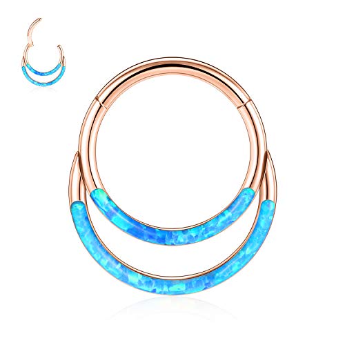 GAGABODY Septum Jewelry 16 Gauge Earrings Double Hoop Daith Earring Surgical Steel Hinged Nose Rings Nose Hoop Helix Tragus Rook Piercing - color: Style6:1pc Rose Gold+Blue Opal Double Hoop