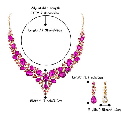 Women's Wedding Statement Necklace Dangle Earring Jewelry | Austrian Crystal Teardrop Cluster,Necklaces Earrings Set for Bride Bridesmaid,Prom Accessories - color: 15-Fuchsia Gold-Plated-Base