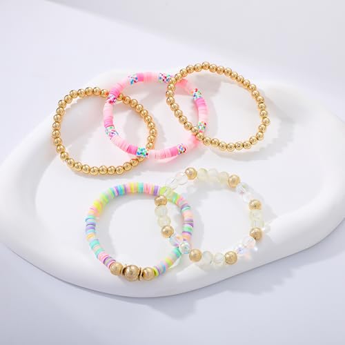 Summer Surfer Heishi Bracelet Set for Women Stackable Gold Plated Clay Ploymer Bead Stretch Pink Beach Layering Bracelets Jewelry - color: B-A2