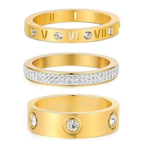 Love Friendship Gold Rings Set for Women 18K Gold Plated Titanium Steel Dainty Cubic Zirconia Rings Fashion Stacking Bands Valentines Day Mother's Day Christmas Day Best Gifts - color: Gold