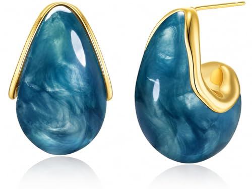 SNGIA Oval C Shape Chunky Dangle 18K Gold Plated Hoops with Colored Resin Gemstone Statement Earrings for Women by SNGIA, (Green, Brown, Blue, Pink, White, Cream), Long Bold Drop Handmade Exaggerated Irregular Trendy Bohemian Jewelry Gifts, Unique Danglin