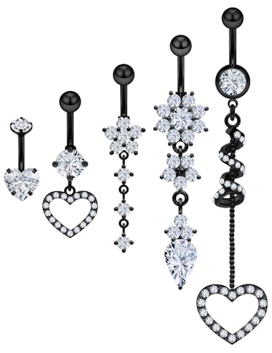 14G Dangle Belly Button Ring Piercing Jewelry 316L Stainless Surgical Steel Heart Flower CZ Reverse Navel Rings Dangling Belly Button Ring Piercing Jewelry for Women 14 Gauge Hypoallergenic - style: 5Pcs Black