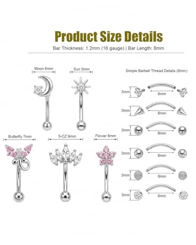 YACHY 11PCS/9PCS 16G Eyebrow Piercing Jewelry for Women Men, Eyebrow Rings Rook Earrings Rook Piercing Jewelry Belly Lip Ring Curved Barbells Eyebrow Piercing Cartilage Daith Helix Tragus Body Piercings - color: 11PCS-8mm-Silver