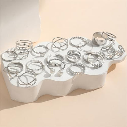 22Pcs Gold Plated Knuckle Rings Set for Women,Boho Dainty Stackable Joint Finger Midi Ring Pack Simple Cute Pearl Butterfly Heart Rings Adjustable Statement Jewelry Mixed Size - color: Silver
