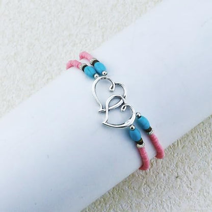 Elastic Beaded Ankle Bracelets for Women Double Heart Layered Stretch Ankle Bracelets Waterproof Dainty Boho Beaded Anklets for Summer Beach Foot Jewelry - color: Pink Silver