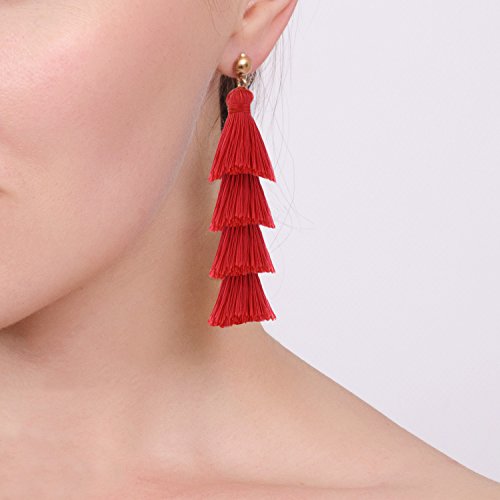 BaubleStar Bohemian Layered Tassel Drop Earrings for Women | Lightweight Statement Party Festival Jewelry - color: Red