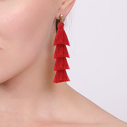 BaubleStar Bohemian Layered Tassel Drop Earrings for Women | Lightweight Statement Party Festival Jewelry - color: Red