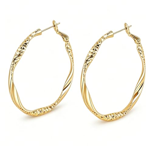 Women's Gold and Silver Twisted Hoop Earrings, 14K Gold Plated Textured Earrings, Hypoallergenic Lightweight Fashion Jewelry, Suitable for Daily Wear, Party, Wedding or as a Gift for Women - color: Gold