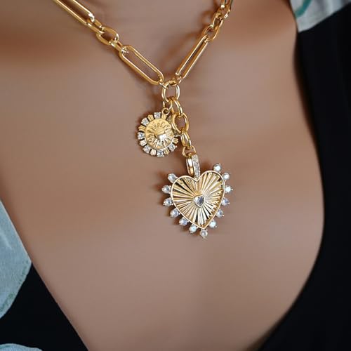 ORIGENCE Sun Heart Necklace for Women 18K Gold Plated Heart Pendant Necklace Chunky Chain Choker Necklaces Hip Hop Charm Necklaces Trendy Unisex Jewelry - style: ZCharm-Gold