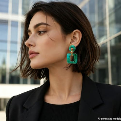 Retro Boho Hollow Square Earrings Lightweight Fashion Jewelry Casual Daily Wear Geometric Drop Earrings Party Acrylic Square Dangle Accessories - color: Green