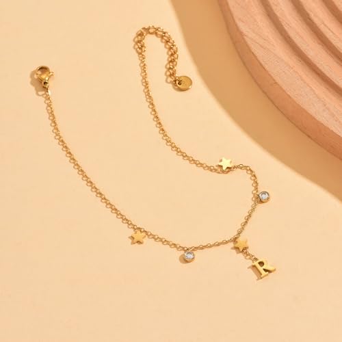 Initial Anklet for Women, 18K Gold Plated Waterproof Ankle Bracelet, Star CZ Letter A-Z Personalized Beach Foot Jewelry - color: R