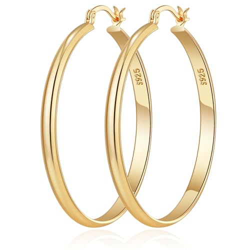 3mm Wide Large Hoop Earrings for Women Hypoallergenic 925 Sterling Silver Post Gold Earrings Lightweight Silver Hoop Earrings Oversize Big Gold Hoops 30/40/50/60MM - color: Gold, size: 40mm