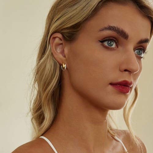 14K Gold Plated Two-Tone Oval Hoop Earrings for Women, Water Drop Design Lightweight Huggie Earrings,925 Sterling Silver Posts Double Drop Chunky Hoops Hypoallergenic Ear Buckles - color: Gold