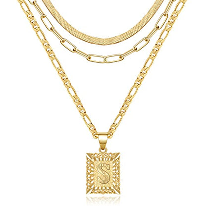 KissYan Gold Layered Initial Necklace Set for Women | 14K Gold/White Gold Plated Letter Pendant with Paperclip Snake Figaro Choker Chain, Alphabets from A-Z Jewelry Gifts - color: 3PCS, style: S