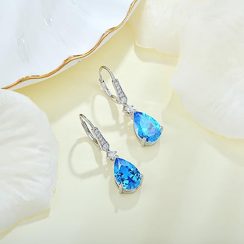Women 925 Sterling Silver Birthstone Teardrop Leverback Drop Dangle Earrings 8 * 12mm 5A Cubic Zirconia Jewelry for Her - color: March,Aquamarine Color