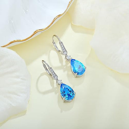 Women 925 Sterling Silver Birthstone Teardrop Leverback Drop Dangle Earrings 8 * 12mm 5A Cubic Zirconia Jewelry for Her - color: March,Aquamarine Color