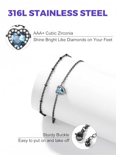 Richsteel Double Layer Heart/Butterfly Birthstone Anklet for Women | Non Tarnish Waterproof, Silver/Gold/Black Stainless Steel 8.5-10.5 Inch Adjustable Chain Anklets Summer Beach Foot Jewelry - color: Black Heart-03 Mar.(Aquamarine)