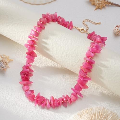 Elegance 11 designs Chunky Heart Necklace for Women, Colorful Acrylic Beaded Statement Puff Heart Necklace, Cute Boho Y2K Choker Necklace for Gift Jewelry - color: Hot Pink