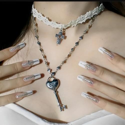 White Lace Cross Strap Key Choker Necklace for Women Cool Heart Chain Double Layer Necklace Fashion Party Jewelry Gift